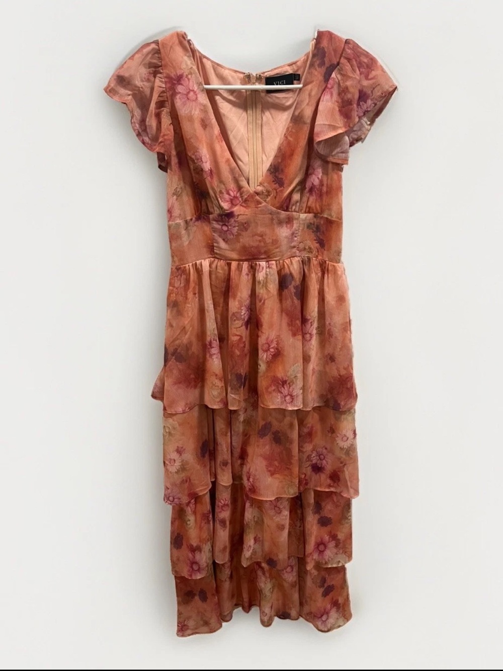 VICI Peach Floral Tiered Maxi Midi Dress Ruffle Sleeve Boho Romantic Women’s XS